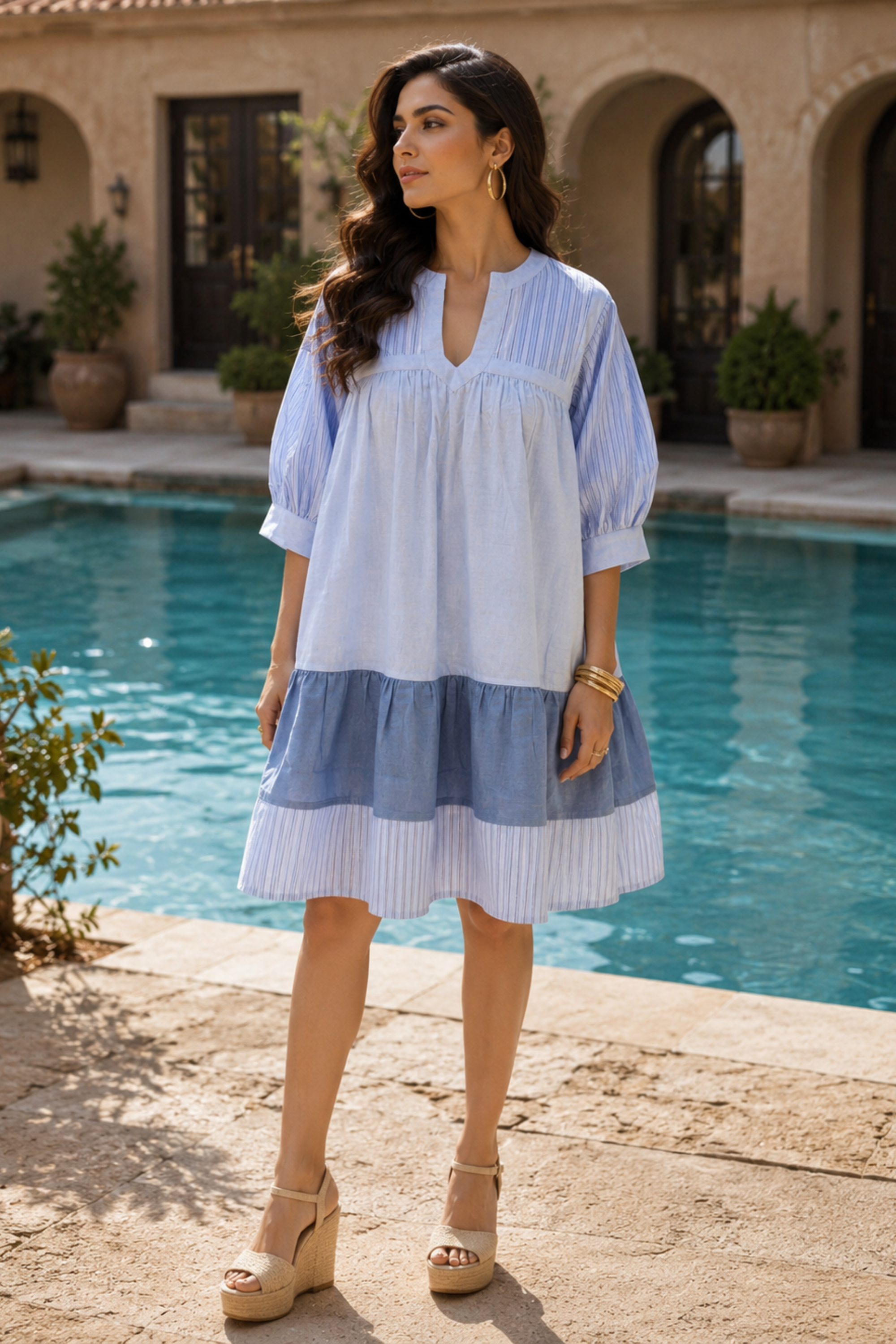 Blue Striped Colourblocked Tiered Dress