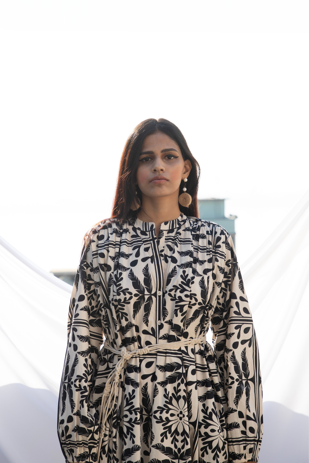 Gathered Dress with Macrame Belt