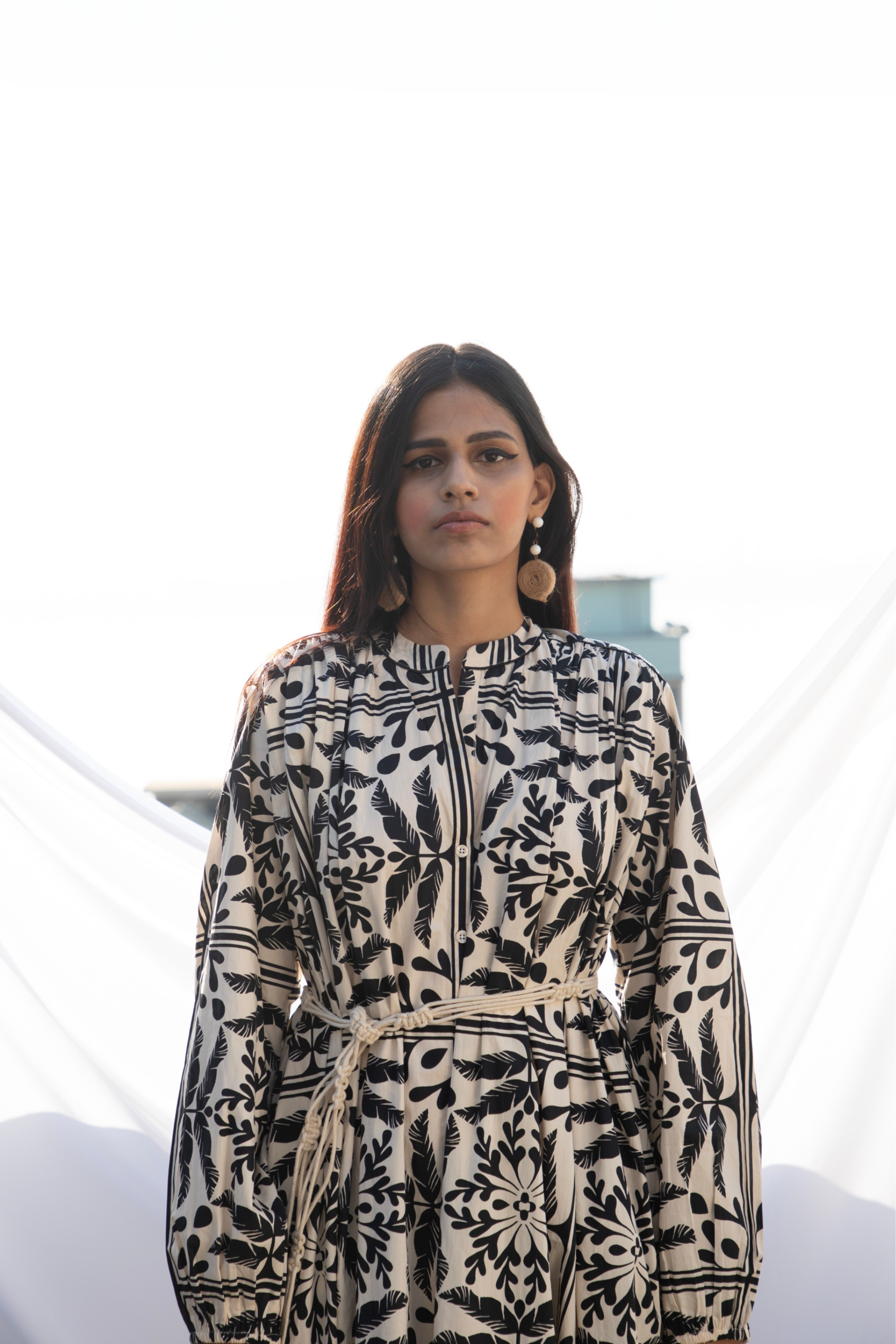 Gathered Dress with Macrame Belt
